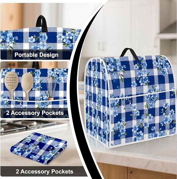 Stand mixer cover with handle and storage bag, reusable and washable, stylish retro floral design, keeps kitchen countertops clean and tidy (fits 6-8 quart mixers).