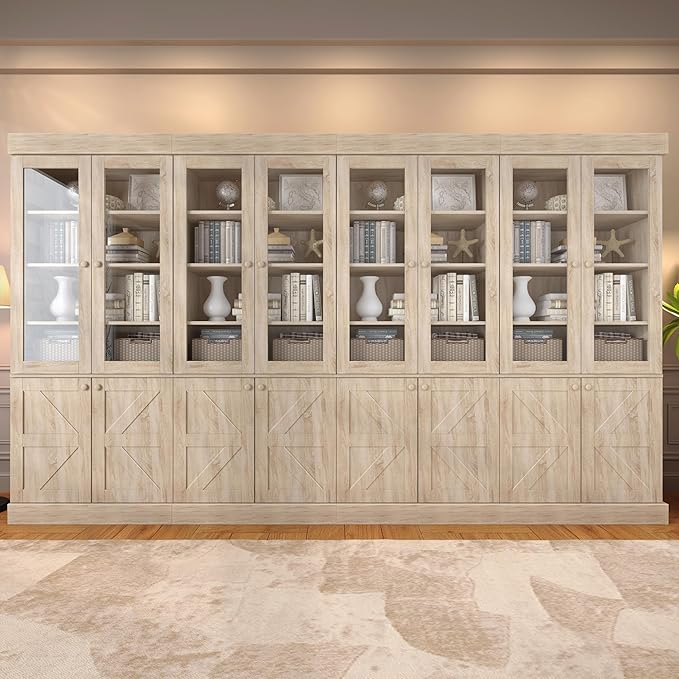 Vyre 71" Tall Farmhouse Kitchen Pantry, Set of 4 Large Storage Cabinets with Glass Doors, Adjustable Shelves, Wood Versatile Hutch Cabinet for Living Room, Dining Room, Brown