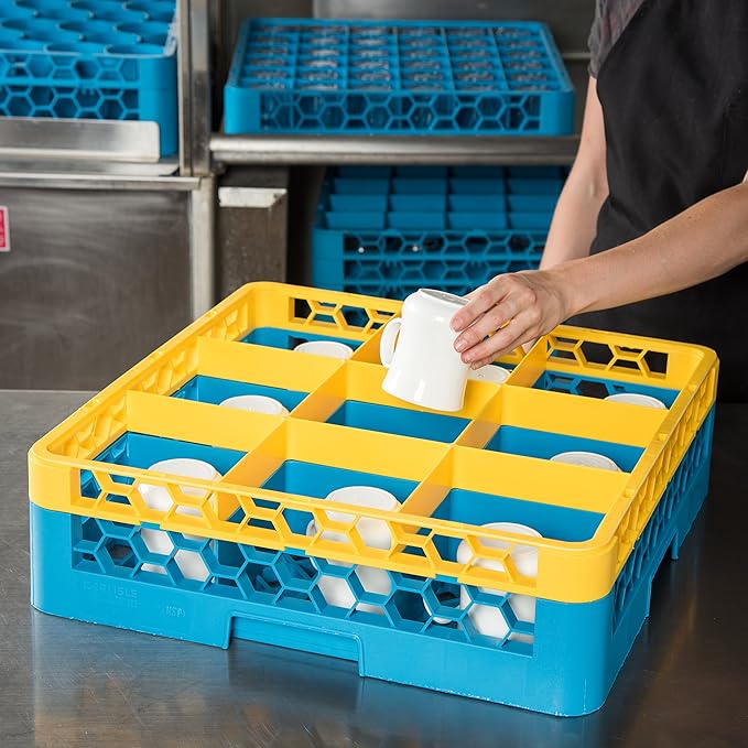 CFS RG9-1C411 OptiClean 9 Compartment Glass Rack with 1 Extender, 5.56", Polypropylene, Yellow/CFS Blue