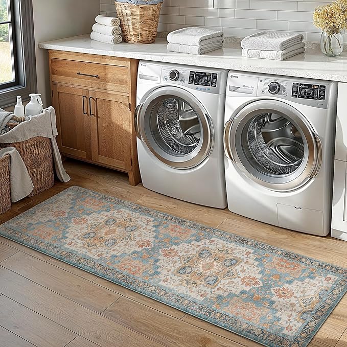 GENIMO Kitchen Mats for Floor, Washable Anti Fatigue Mat for Cushioned, 17.3"x59", Waterproof Kitchen Rugs, Non Slip Foam Comfort Standing Mat Rug for Home, Runner, Sink, Laundry, Blue&Salmon