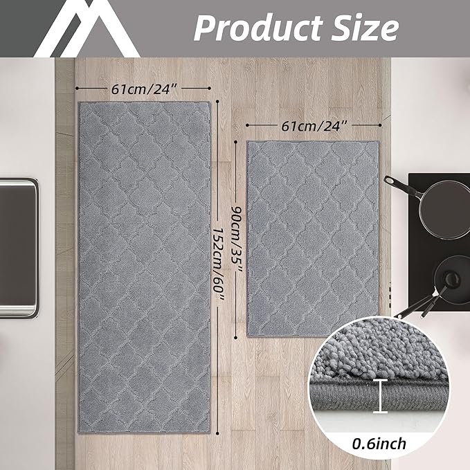 COSY HOMEER Soft Kitchen Rugs [2 PCS] for in Front of Sink Super Absorbent Kitchen Floor Mats and Mats 24x35 Inch/24X60 Non-Skid Kitchen Mat Standing Mat Washable,Polyester,Grey