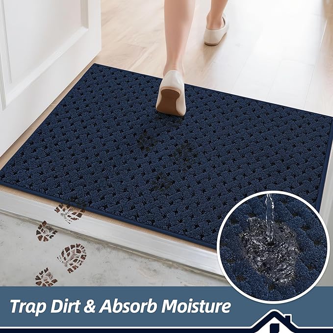 BEQHAUSE Dirt Trapper Door Mat Non-Slip Entryway Rugs Stain Resistant Absorbent Dog Doormats Woven-Look Washable Welcome Floor Doormat for Front Back Door, Muddy Wet Shoes & Paws, 24" x 36", Blue
