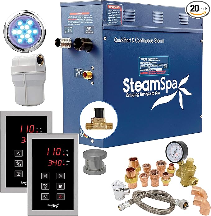 SteamSpa 6kW Quickstart ACU-Steam Bath Generator, Touch Pad Control Panel, Steamhead, Pressure Relief Valve, LED Light, Filter, Built in Auto Drain and Plumber Ready Quick Install Kit EXT600BN-A
