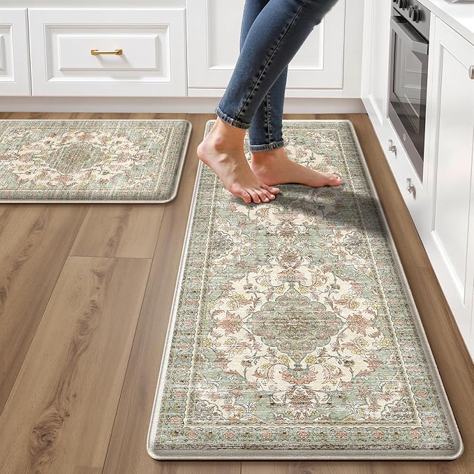 Boho Kitchen Mats for Floor 2 Piece Set Anti Fatigue Cushioned PVC Kitchen Rugs Non Slip Waterproof Farmhouse Mats 2/5 Inch Comfort Standing Mat for Sink, Laundry, 17.3"x59"+17.3"x28", Green Beige
