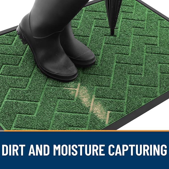OLANLY Front Door Mat Indoor Outdoor Entrance, Waterproof All-Season, All-Weather Doormat, Sturdy Natural Rubber, Low Profile, Easy Clean Patio Porch Entryway Mat, Herringbone Brick (Green, 35x23)