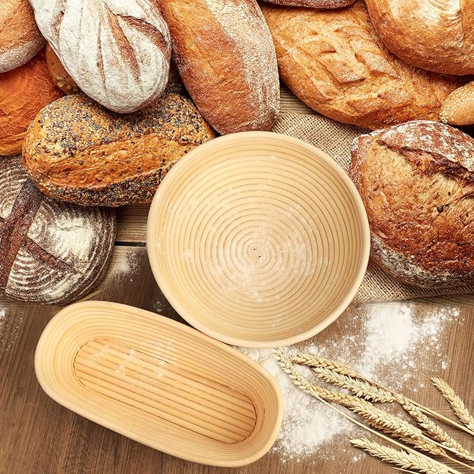 Banneton Bread Proofing Baskets Set of 2, 10" Round & 11" Oval Sourdough Proofing Baskets with Sourdough Bread Baking Supplies, Bread Making Kit
