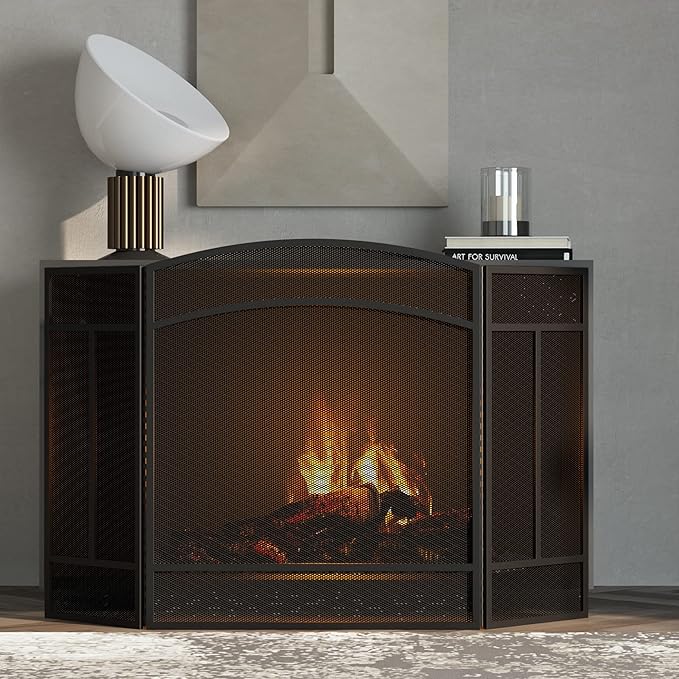 Fire Beauty Fireplace Screen 3 Panel Wrought Iron 48"(L) x 29"(H) Spark Guard Cover(Black)