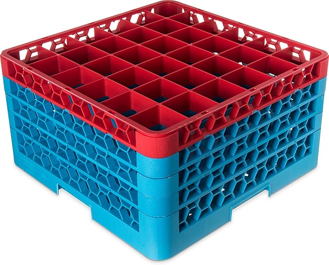 CFS RG36-4C410 OptiClean 36 Compartment Glass Rack with 4 Extenders, 10.3", Polypropylene, Red/CFS Blue