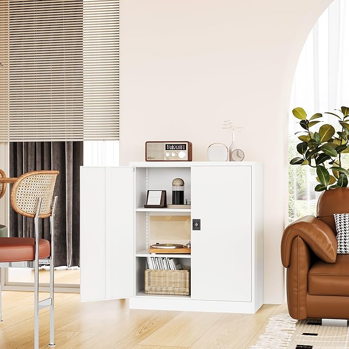 Metal Storage Cabinet-36” Tall Steel File Cabinets with Lockable Doors and Adjustable Shelves-White Steel Storage Cabinet for Home Office, School, Garag