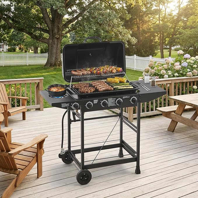 4 Burner Propane Gas Grill, 42,000 BTU Gas Grill with Side Burner, BBQ Grill with Cast Iron Grates, Stainless Steel Frame, 534 Sq In Cooking Area, Outside Grill for Patio Backyard, Patio