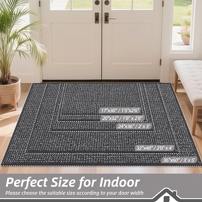 BEQHAUSE Dirt Trapper Door Mat 17" x 30", Non-Slip Doormats (Rolled-Up NO Creases) Washable Entryway Rugs, Dirt Resist and Absorbent Welcome Mat, Low Profile Floor Mats for Front Back Door, Charcoal