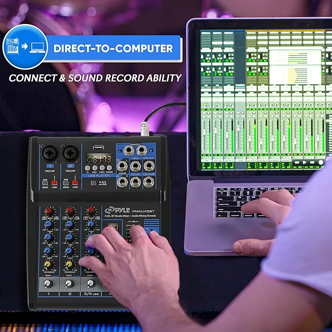 Pyle Professional 4 Channel Audio Mixer with Bluetooth - DJ Sound Board - USB Computer Input - Built-in MP3 Player - 48V Phantom Power - 3 Band EQ - 16-Bit DSP FX - Band, Studio Ready - PMXU43BT