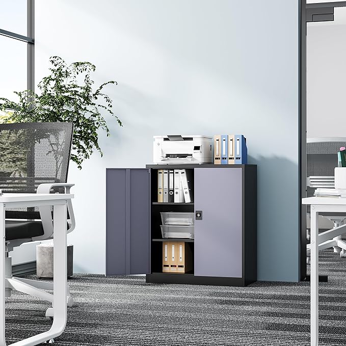 Metal Storage Cabinet-36” Tall Steel File Cabinets with Lockable Doors and Adjustable Shelves-Black&Gray Steel Storage Cabinet for Home Office, School, Garage