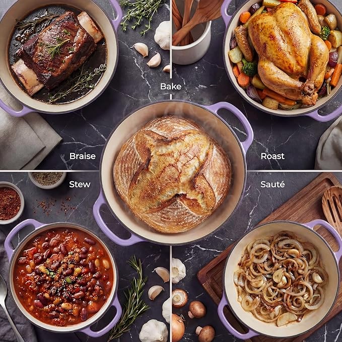 Zulay Kitchen 6 Quart Enameled Cast Iron Dutch Oven Pot with Lid – Premium Durability & Oven Safe up to 500°F – Heavy Duty Cookware Perfect for Bread Baking, Stews, Braising & Roasting – Lavender Jade