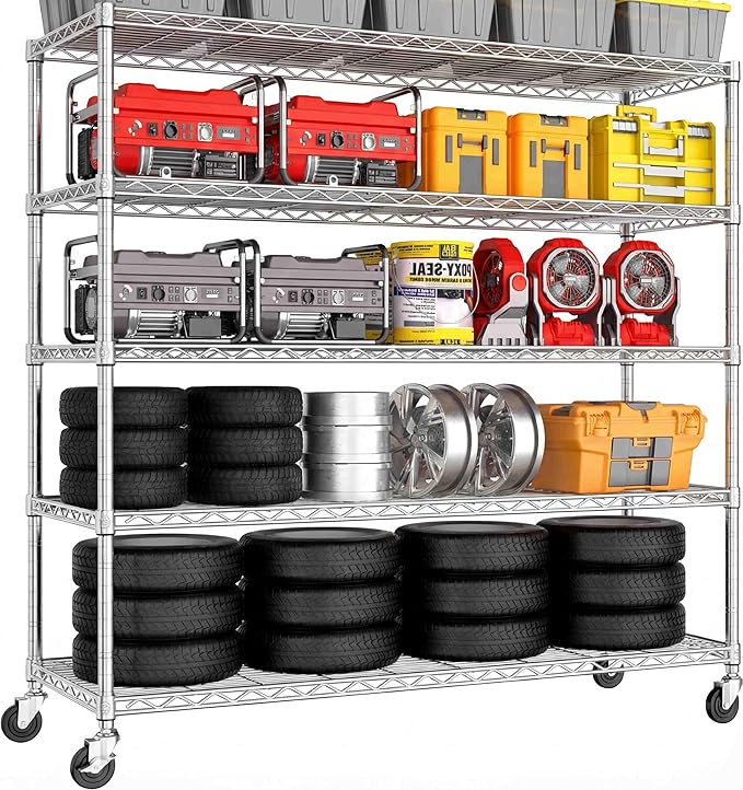 PrimeZone 5 Tier 48" Wx24''Dx81''H Wire Shelving with Wheels 3000lbs NSF Certified Storage Shelves Heavy Duty Metal Shelf Adjustable Rolling Rack Commercial Garage Restaurant Warehouse Chrome 2Pack