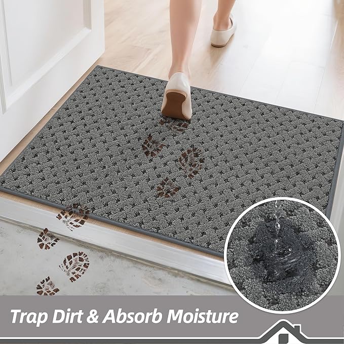 BEQHAUSE Dirt Trapper Door Mat Non-Slip Entryway Rugs Stain Resistant Absorbent Dog Doormats Woven-Look Washable Welcome Floor Doormat for Front Back Door, Muddy Wet Shoes & Paws, 24" x 36", Grey