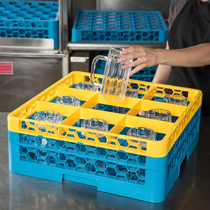 CFS RG9-2C411 OptiClean 9 Compartment Glass Rack with 2 Extenders, 7.12", Polypropylene, Yellow/CFS Blue