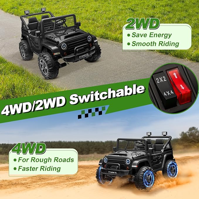 24V Ride on Car with Remote Control, XL 2 Seater 4WD/2WD Switchable Truck w/4X200W Motor, 20 Inch Wide Seat, Gift Flower Power Car Wheels 24 Volt Big Truck for Boys Girls, Black