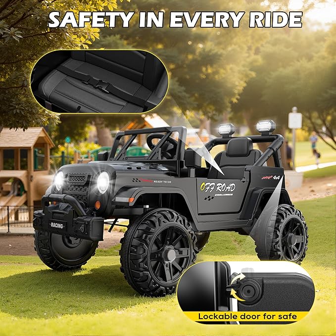 12V Ride On Truck Car with Remote Control, Kids Electric Vehicles with Bluetooth Music, Horn, 3 Speeds, 4 LED Lights, Soft Start, Ride on Toys for Toddler Boys & Girls (Black)