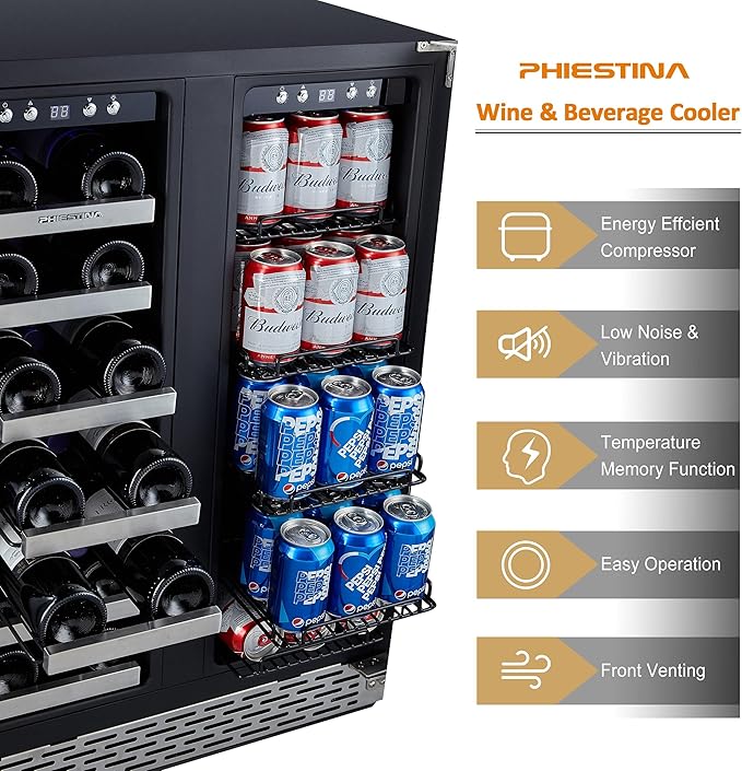 Phiestina Beverage Refrigerator, 24 Inch Wine and Beverage Fridge, Under Counter Wine Cooler- 20 Bottles & 78 Cans, Built-in/Freestanding Dual Zone with Glass Door