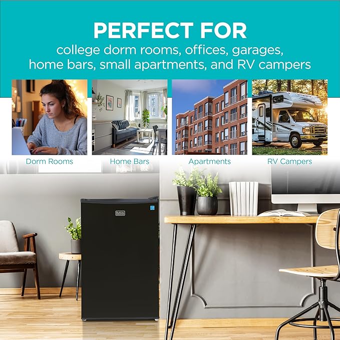 BLACK+DECKER 4.3 Cu. Ft. Compact Refrigerator, ENERGY STAR Certified Small Refrigerator, Single Door Mini Fridge with Chiller Compartment, Personal Fridge for Home or Dorm Room, BCRK43B, Black