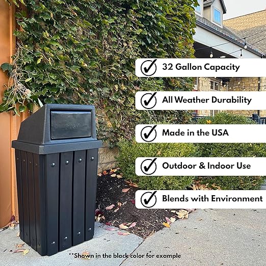 Campus Collection 32 Gallon Square Slatted 100% Recycled Plastic Heavy-Duty Commercial Outdoor or Indoor Trash Can with Push Top Lid | Great for Schools and Businesses - Blue