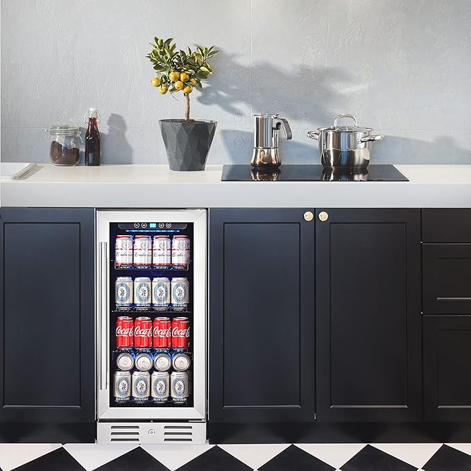 15 Inch Beverage Cooler and Kalamera Refrigerator Under Counter Built-in or Freestanding - 96 Cans Capacity Mini Fridge- for Soda, Water, Beer or Wine - For Kitchen or Bar with Blue Interior Light