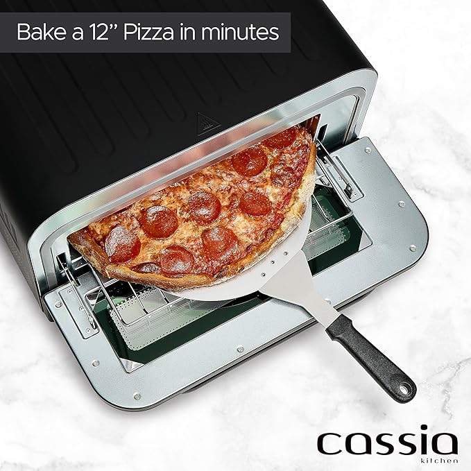 Cassia Countertop Electric Air Fryer Pizza Oven, 12" Capacity, 20L, 1800W, Heats up to 750°F, 16 Presets, Includes Pizza Stone, Peel, Fry Basket, Black