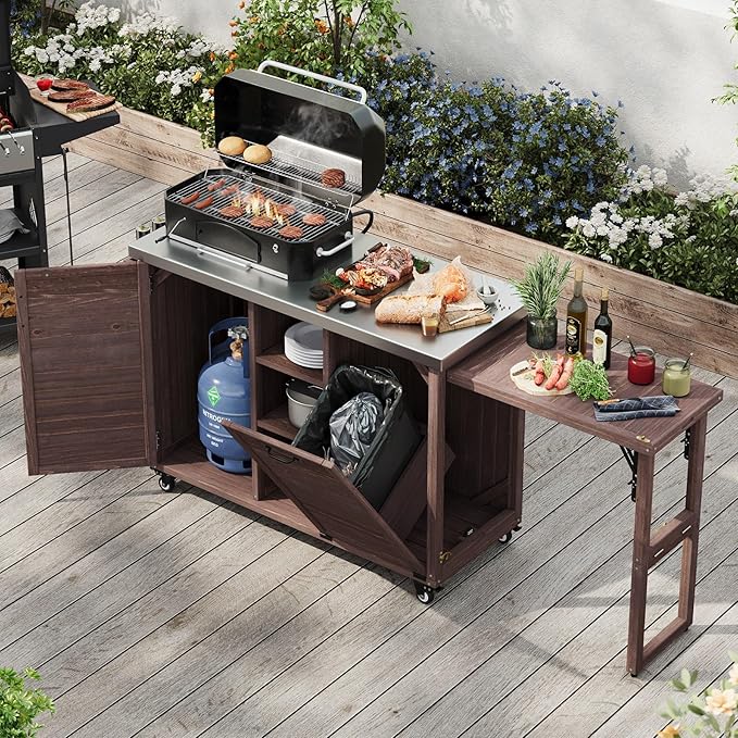78.3" Outdoor Kitchen Island with Foldable Grill Table - Wooden Grill Cart with Stainless Steel Top, Trash Can Storage and Adjustable Shelves