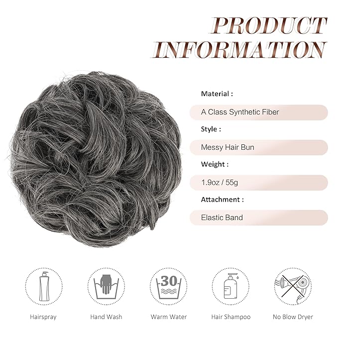 FESHFEN Large Messy Bun Hair Piece - Wavy Synthetic Chignon Scrunchies Elastic Ponytail Hair Extensions Thick Hairpieces for Women, Dark Salt and Pepper 1.94oz