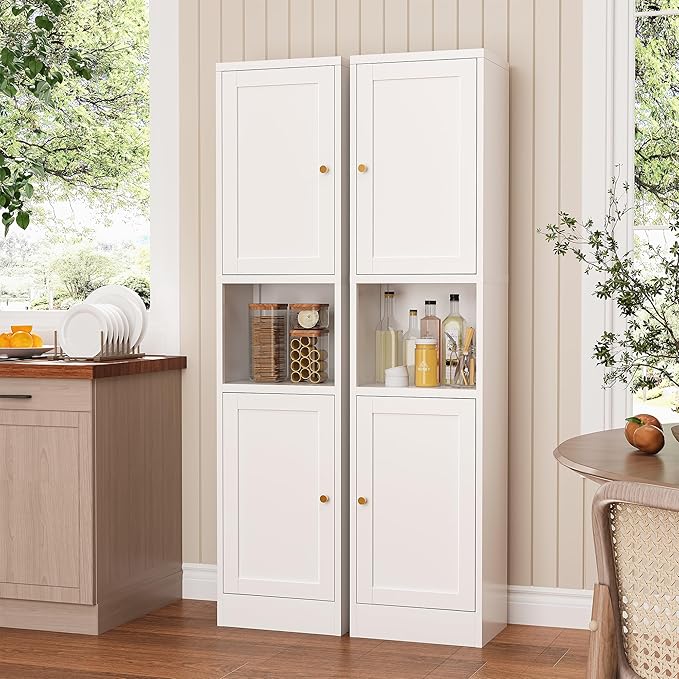 Tall Narrow Storage Cabinet,Metal Pantry Cabinet with Ajustable Shelves Open Countertop, Slim Sideboard for Small Spaces, Living Room, Kicthen, Dining Room, White
