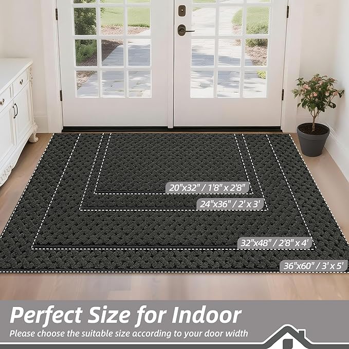 BEQHAUSE Dirt Trapper Door Mat Non-Slip Entryway Rugs Stain Resistant Absorbent Dog Doormats Woven-Look Washable Welcome Floor Doormat For Front Back Door, Muddy Wet Shoes & Paws, 20" x 32", Dark Grey