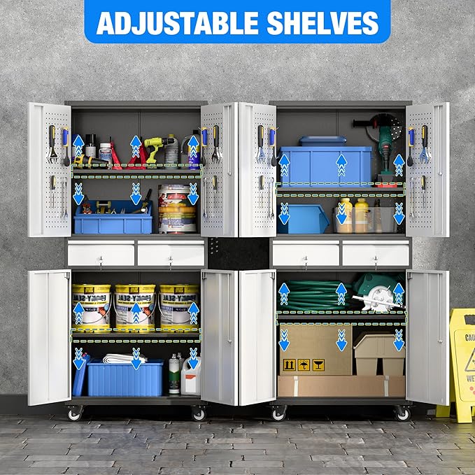 Aobabo Garage Storage Cabinet with 2 Drawers, Metal Storage Cabinet with Wheels for Garage Home,Assembly Required,Black&Silver
