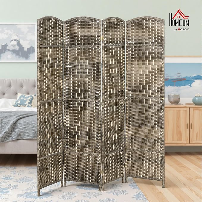 HOMCOM 4 Panel Room Divider, 6' Tall Folding Privacy Screen, Woven Freestanding Wall Partition for Home Office, Bedroom, Dark Rustic Oak
