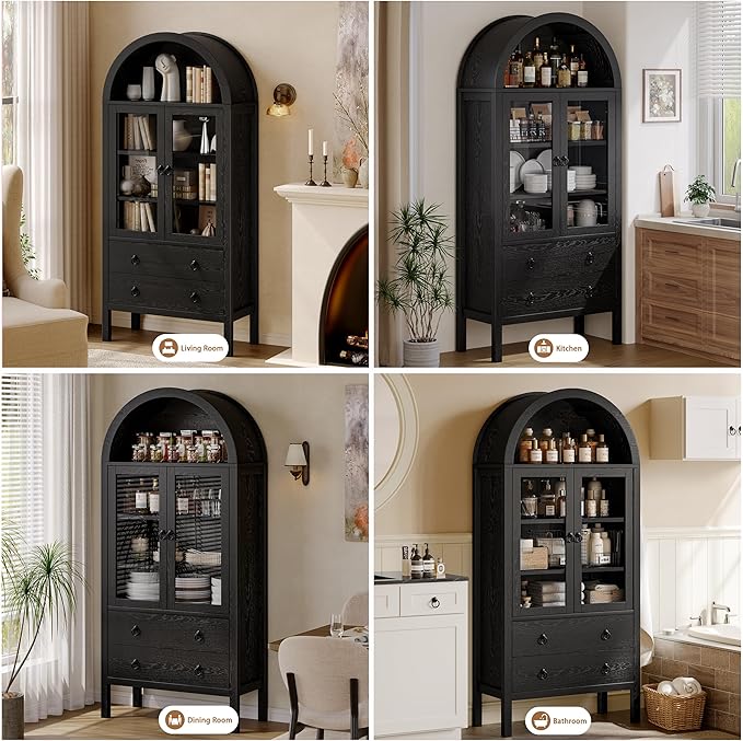71'' Tall Arched Cabinet, Arched Kitchen Pantry Cabinet with Doors, Wood Arch Storage Cabinets Bookcase with 2 Large Drawers and Adjustable Shelves, Versatile Cupboard for Living Room, Black