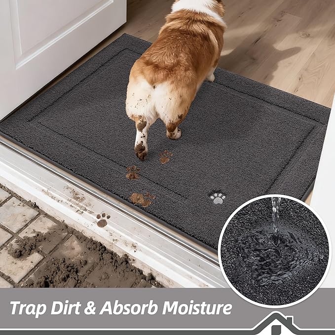 BEQHAUSE Dog Door Mat for Muddy Paws 32"x48" Dirt Trapper Absorbent Doormat Non Slip Entryway Rugs Washable Stain Resistant Welcome Floor Mat Soft Low-Profile for Front Back Door, Dark Grey