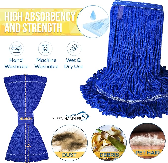 KLEEN HANDLER Blended Loop End Heavy Duty Mop Head Replacement, Wet Mop Refills for Industrial and Commercial Use, Dark Blue, 32 Oz (6-Pack)