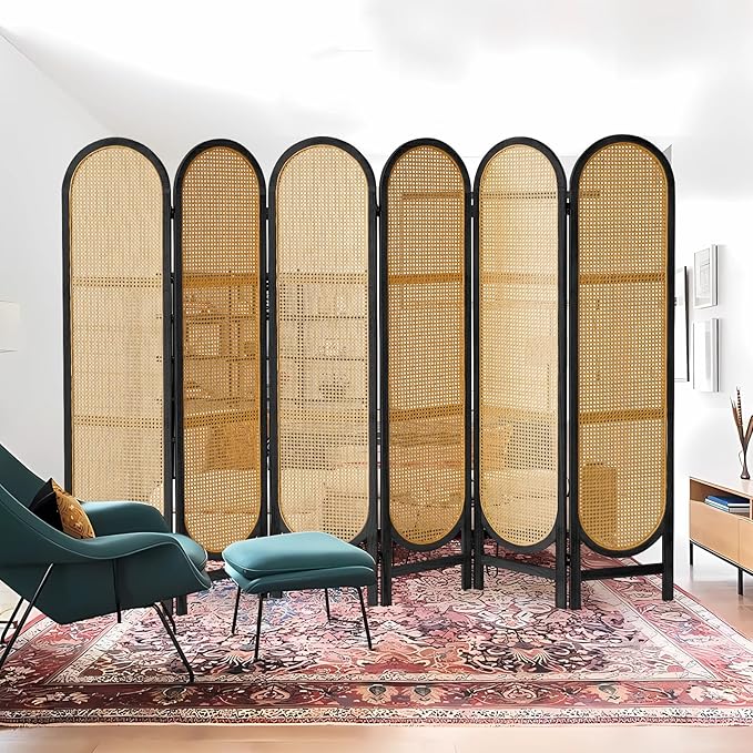 6 Panel Room Divider, Hand-Woven Rattan Room Divider Screen, Folding Privacy Screens with Double Hinges, Wooden Freestanding Wall Divider for Room Separation Bedroom Home Office - Black