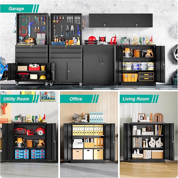 SISESOL Metal Storage Cabinet Locked Steel Cabinet with 2 Adjustable Shelves,Office Cabinet Locking Tool Cabinets,Kitchen Storage Cabinets Metal Locker Small Counter Height Storage Cupboard 36" H