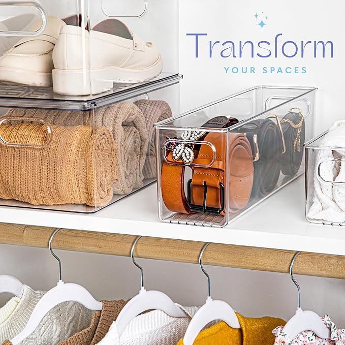 Plastic Food Storage 2 Pack Clear Container Bin with Handles for Organizing Kitchen, Pantry, Refrigerator, Freezer, Pantry, Cabinet, Closet, Bathroom. 16”x4”x5”