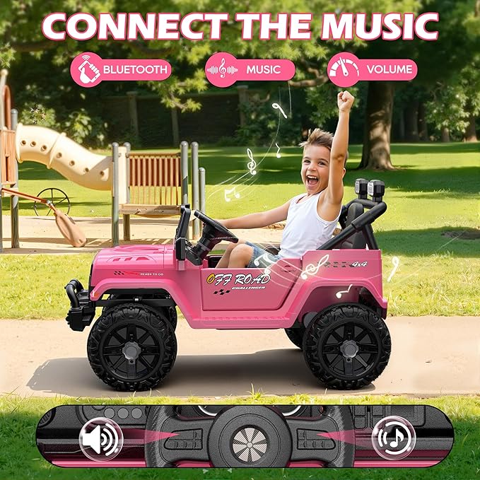 12V Ride On Truck Car with Remote Control, Kids Electric Vehicles with Bluetooth Music, Horn, 3 Speeds, 4 LED Lights, Soft Start, Ride on Toys for Toddler Boys & Girls (Pink)