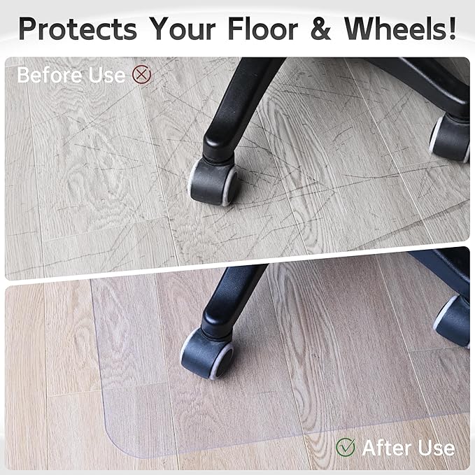 Office Chair Mat for Hardwood Floor, 55” x 35” Crystal Clear Hard Floor Chair Mat, Transparent Floor Protector Mat Flat Without Curling