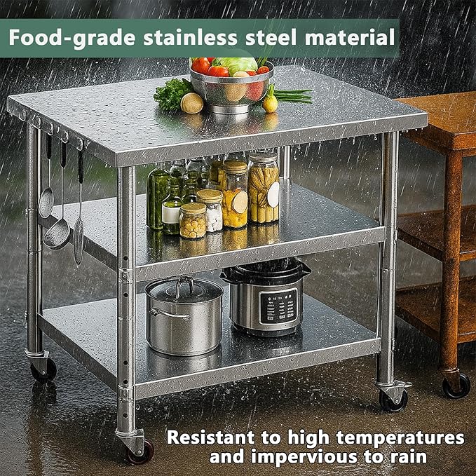 Stainless Steel Table with Wheels for Food Preparation and Work, Multi-Size Optional, Three-Layer Variable Two-Layer Metal Commercial Workbench Outdoor, Restaurant, Kitchen (51" Lx32 Wx34 H)