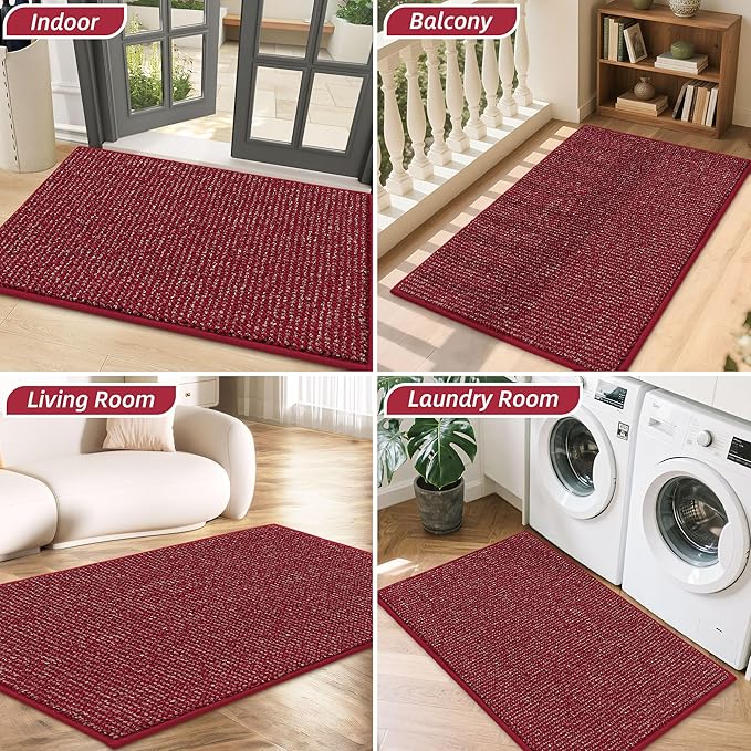 BEQHAUSE Dirt Trapper Door Mat 20" x 32", Non-Slip Washable Doormats Entrance Mat, Dirt Resistant and Absorbent Welcome Mat, Low Profile Floor Mats for Front Back Door and Entryway, Red