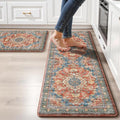 Boho Kitchen Mats for Floor 2 Piece Set Anti Fatigue Cushioned PVC Kitchen Rugs Non Slip Waterproof Farmhouse Mats 2/5 Inch Comfort Standing Mat for Sink, Laundry, 17.3"x59"+17.3"x28", Retro Red