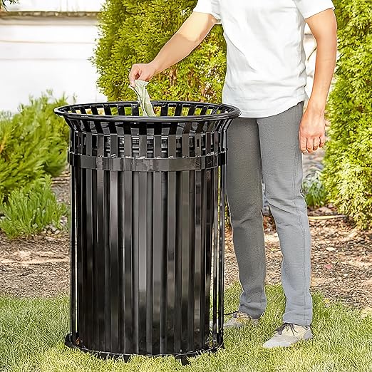 45 Gallon Commercial Black Waste Bin with Flat Lid, Heavy-Duty Outdoor Trash Can Steel Slatted, Round Recycle Container, Durable Garbage Can for Parks, Municipalities, Schools, Parking