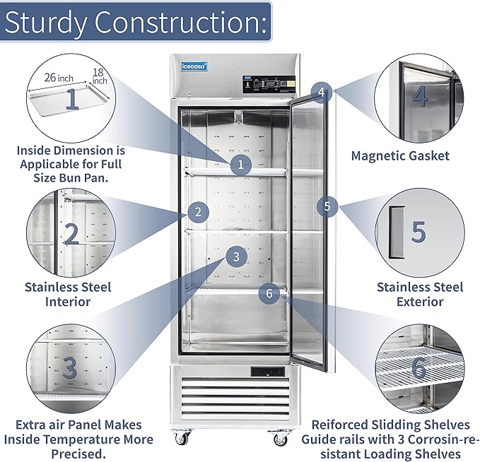 ICECASA 27"W Commercial Freezer Reach-in 23 Cu.ft Single Solid Door Stainless Steel Commercial Freezer Fan Cooling for Restuarant, Bar, Shop, etc