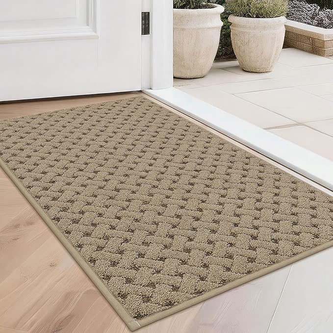BEQHAUSE Dirt Trapper Door Mat Non-Slip Entryway Rugs Stain Resistant Absorbent Dog Doormats Woven-Look Washable Welcome Floor Doormat for Front Back Door, Muddy Wet Shoes & Paws, 20" x 32", Beige