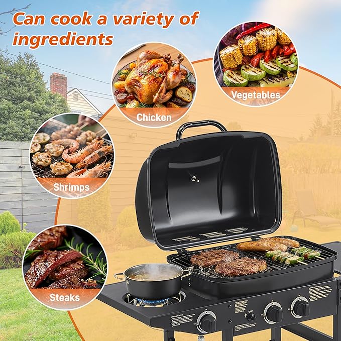 Gas Grill with Side Burner, 2 Burner Propane Grill 24,000 BTU, 237 Sq In Cooking Area, Stainless Steel Outdoor Grill for Backyard, Patio, Balcony