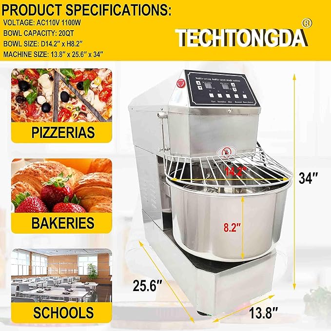 TECHTONGDA Commercial Electric Dough Mixer Mixing Machine, 20L Stainless Steel Spiral Stand Flour Mixer, Double Action Double Speed Dough Kneading Machine with Speed Time Control for Bakery Pizzeria